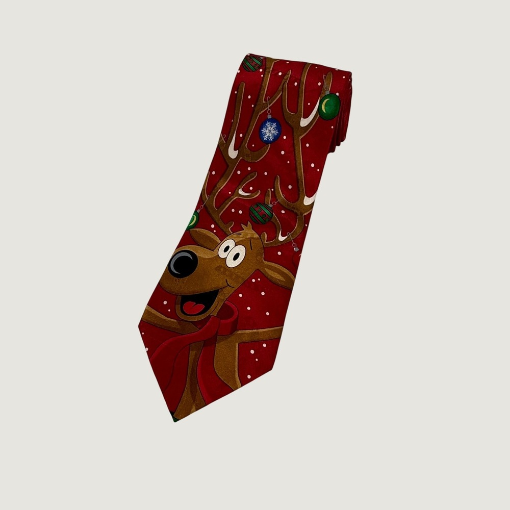 Hallmark SpecialTies Reindeer Christmas Silk Tie Red Holiday Ornament Mens